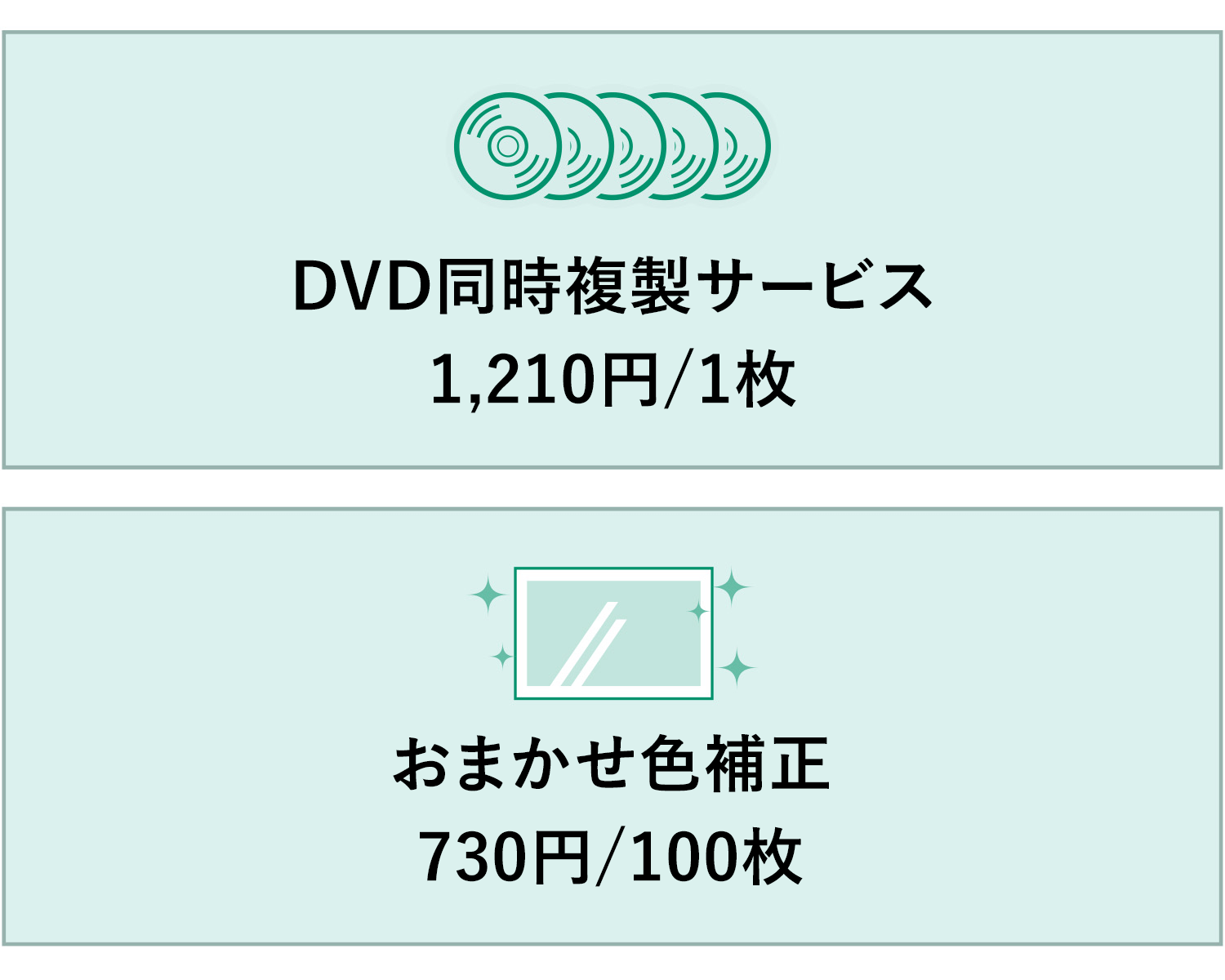 DVD同時複製サービス 1,210円/枚　おまかせ色補正 730円/100枚