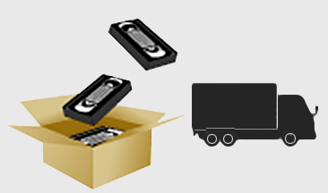 [イラスト]変換したいビデオテープを箱に詰めて富士フイルムへ返送します。